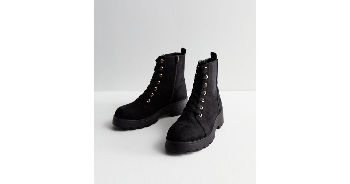 Wide Fit Black Suedette Lace Up Biker Boots