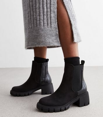 Black Suedette Faux Croc Chunky Block Heel Chelsea Boots New Look