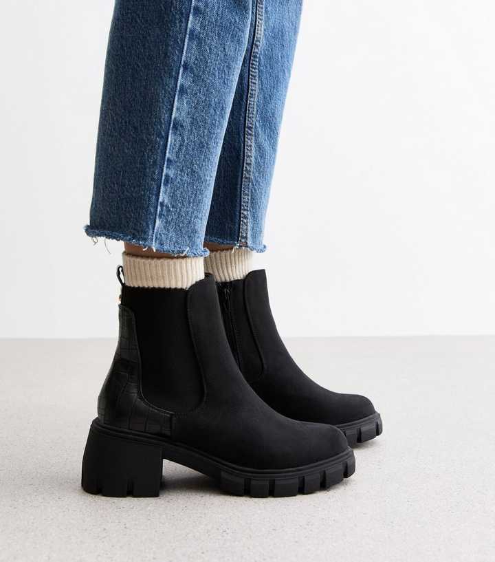 black suedette chunky chelsea boots