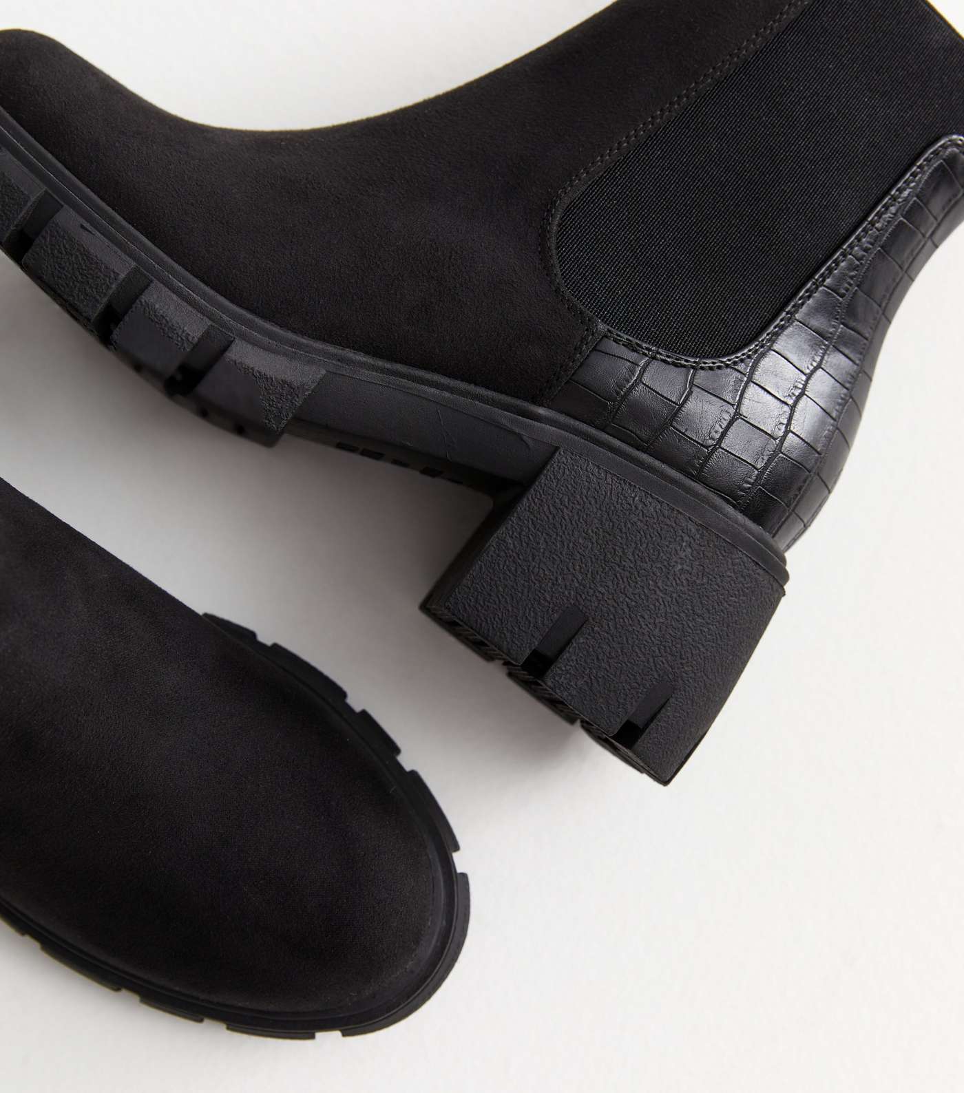 Black Suedette Faux Croc Chunky Block Heel Chelsea Boots Image 3
