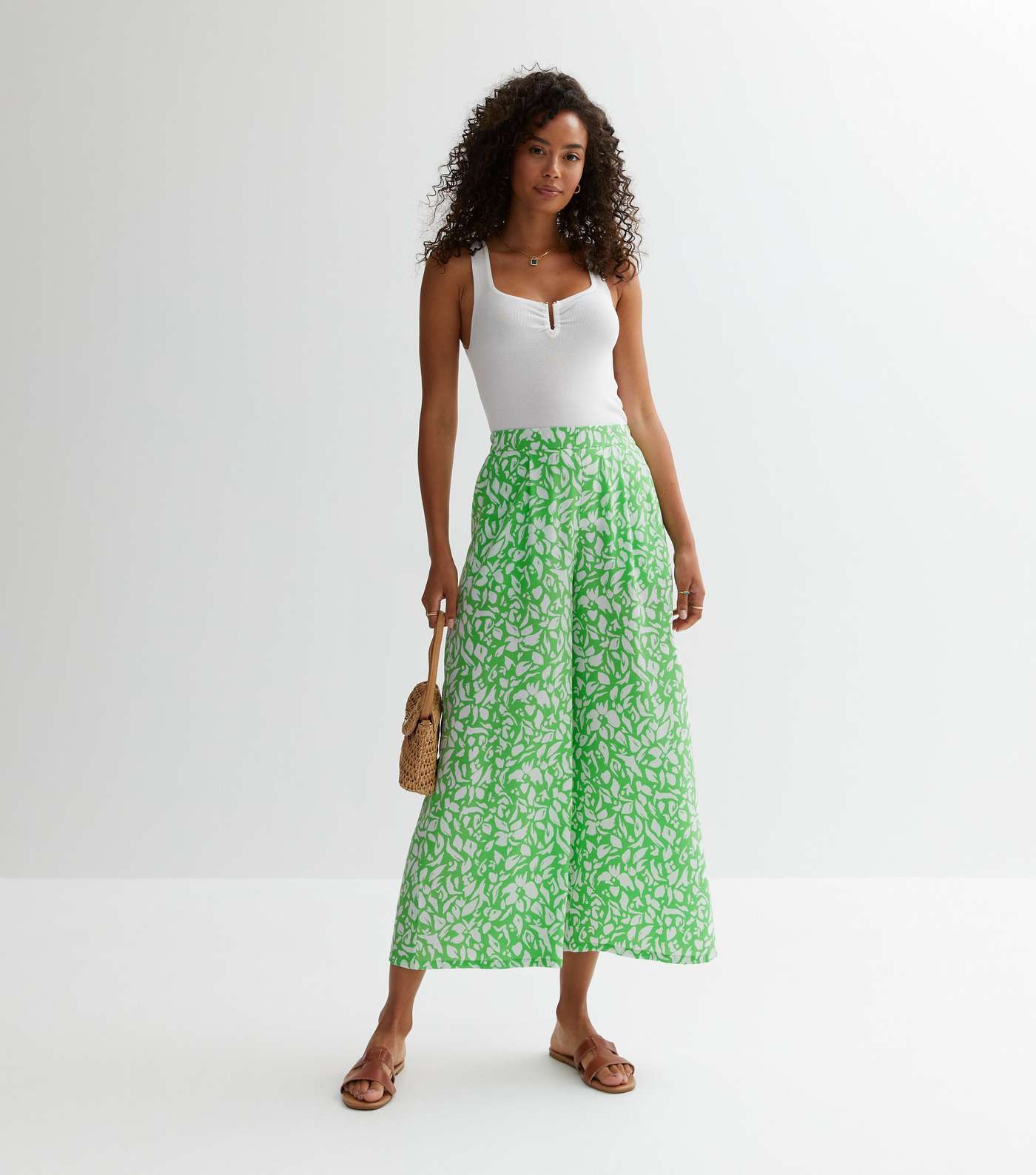 Tall Green Pattern Wide Leg Crop Trousers