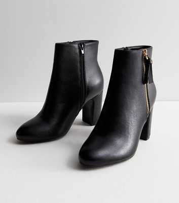 Black Leather-Look Block Heel Ankle Boots