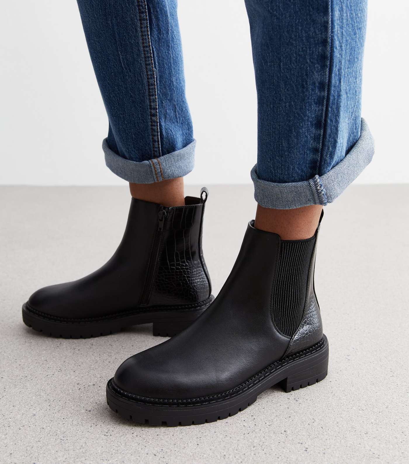 Black Leather-Look Faux Croc Chunky Chelsea Boots Image 2