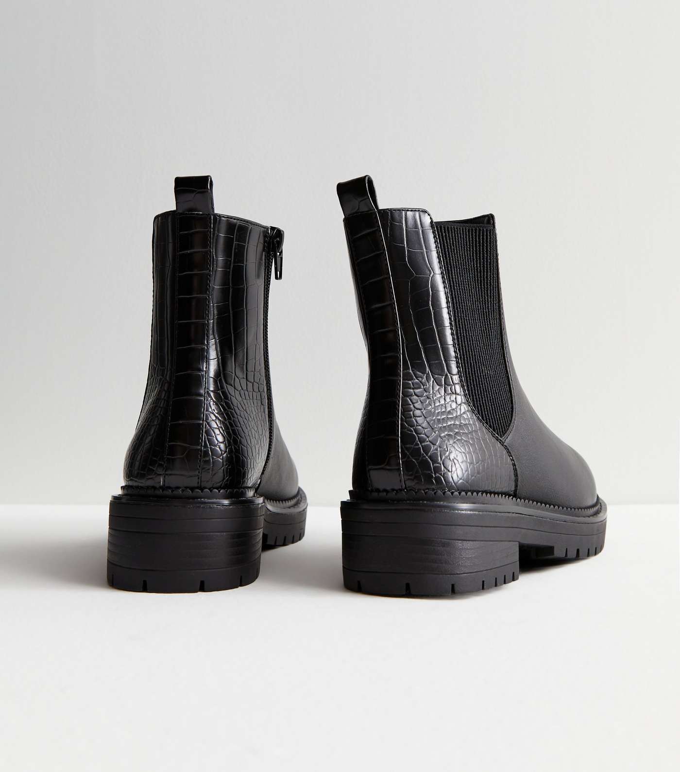Black Leather-Look Faux Croc Chunky Chelsea Boots Image 4