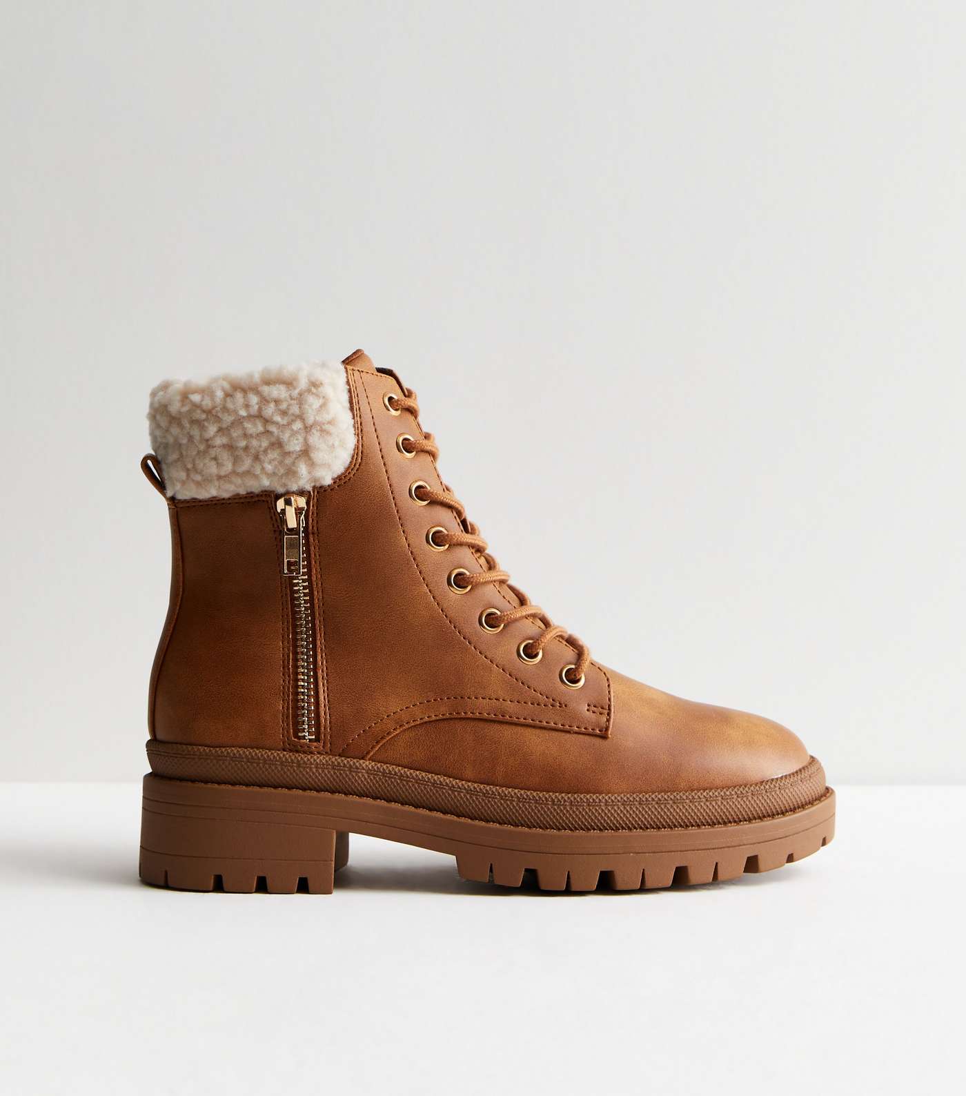 Tan Leather Look Faux Fur Lace Up Boots Image 3