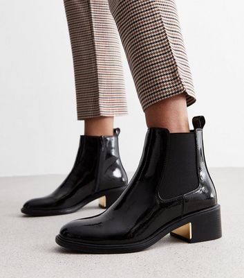 Black Patent Leather Look Heeled Chelsea Boots New Look