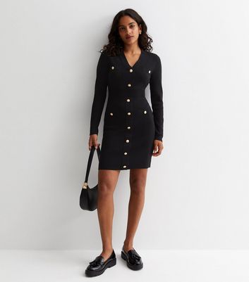 Petite Black Ribbed Knit Button Front Mini Dress | New Look