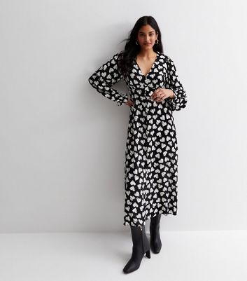 Black Heart Print Frill Sleeve Midaxi Dress | New Look