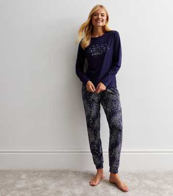 Blue Cuffed Jogger Pyjama Set with Star Print 