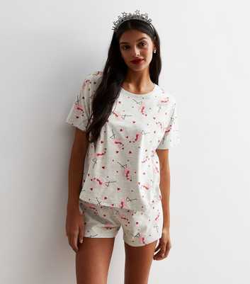 Light Grey Short Pyjama Set with Festive Flamingo Print