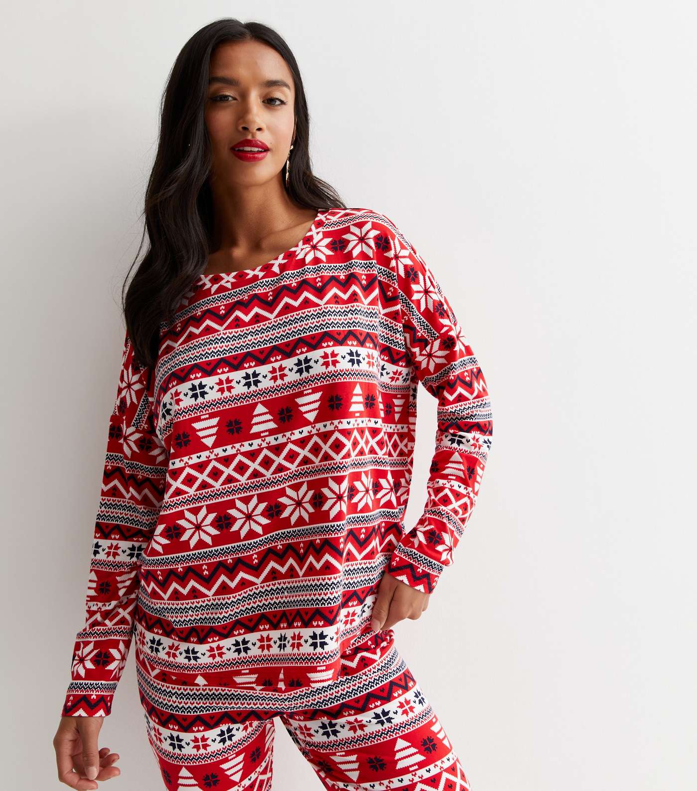 Petite Red Soft Touch Christmas Family Pyjama Set with Fair Isle Print Image 4