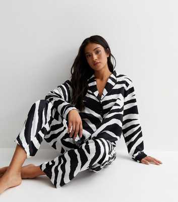 Petite White Satin Trouser Pyjama Set with Zebra Print