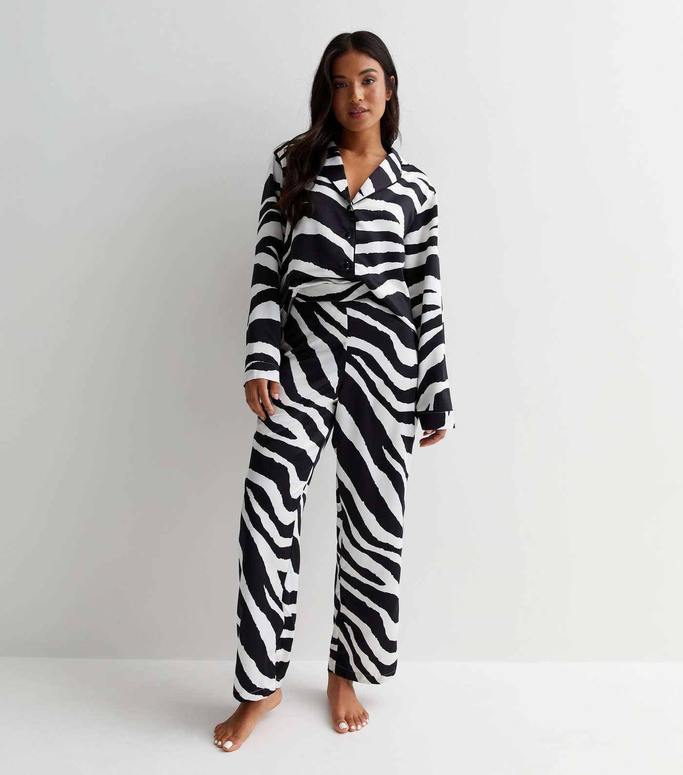 Petite White Satin Trouser Pyjama Set with Zebra Print Image 3