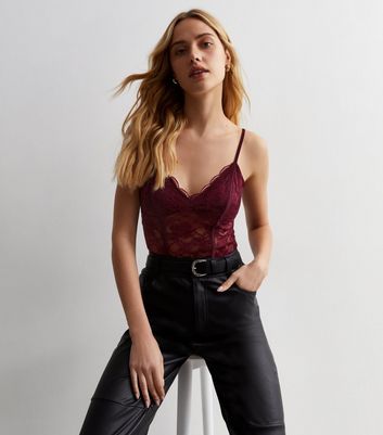 Burgundy Lace Strappy Bodysuit New Look