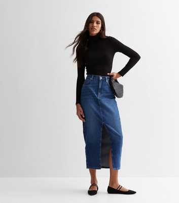 Tall Blue Denim Cotton Mid Rise Split Hem Midi Skirt