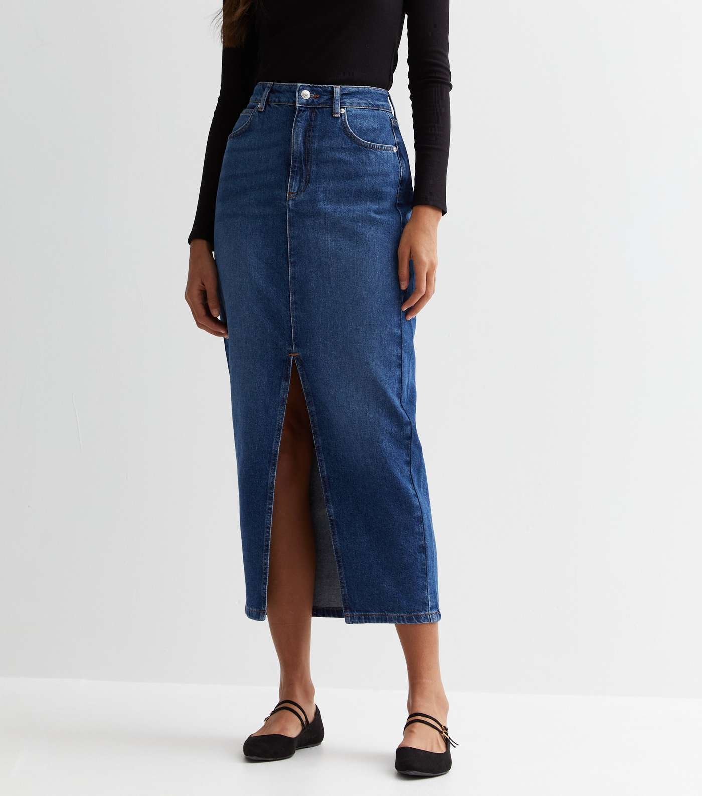 Tall Blue Denim Cotton Mid Rise Split Hem Midi Skirt Image 2