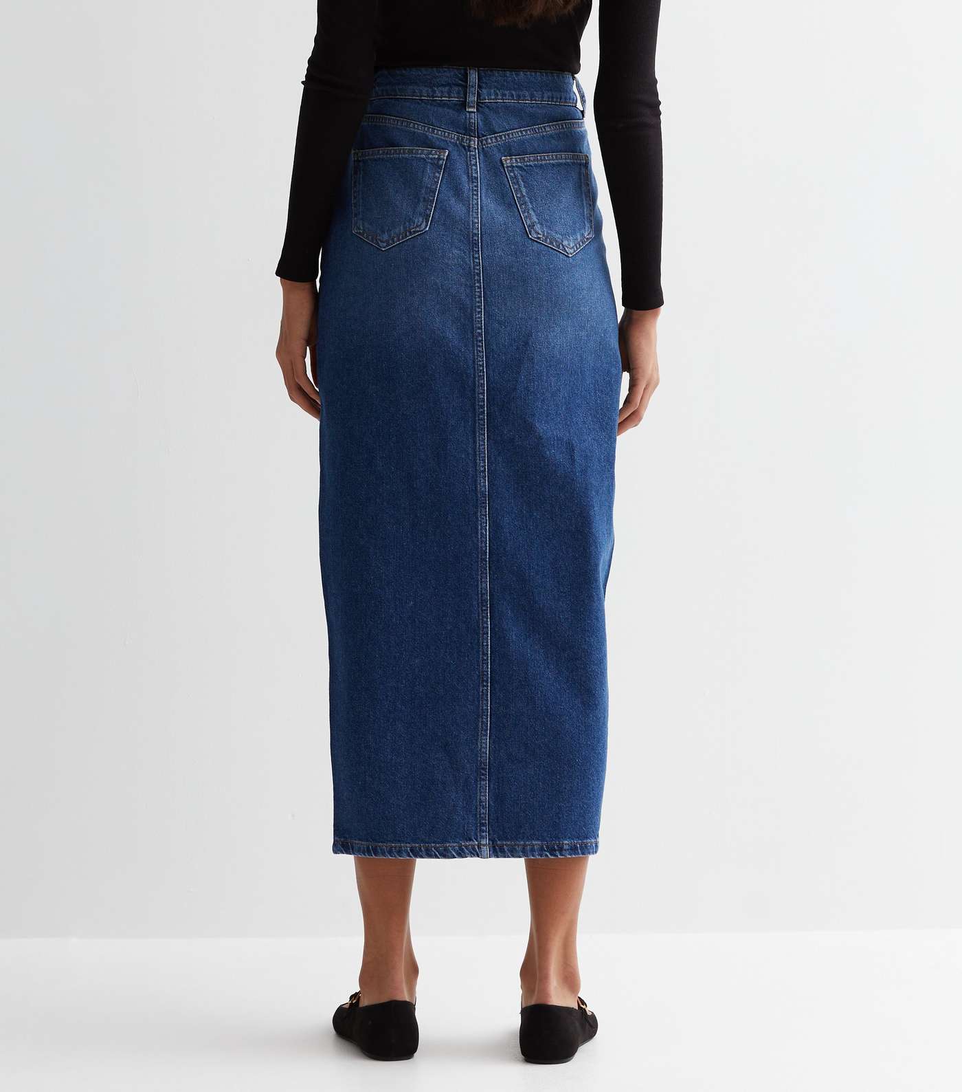 Tall Blue Denim Cotton Mid Rise Split Hem Midi Skirt Image 4