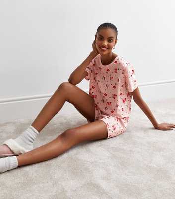 Pink Cotton Short Pyjama Set with Festive Llama Print