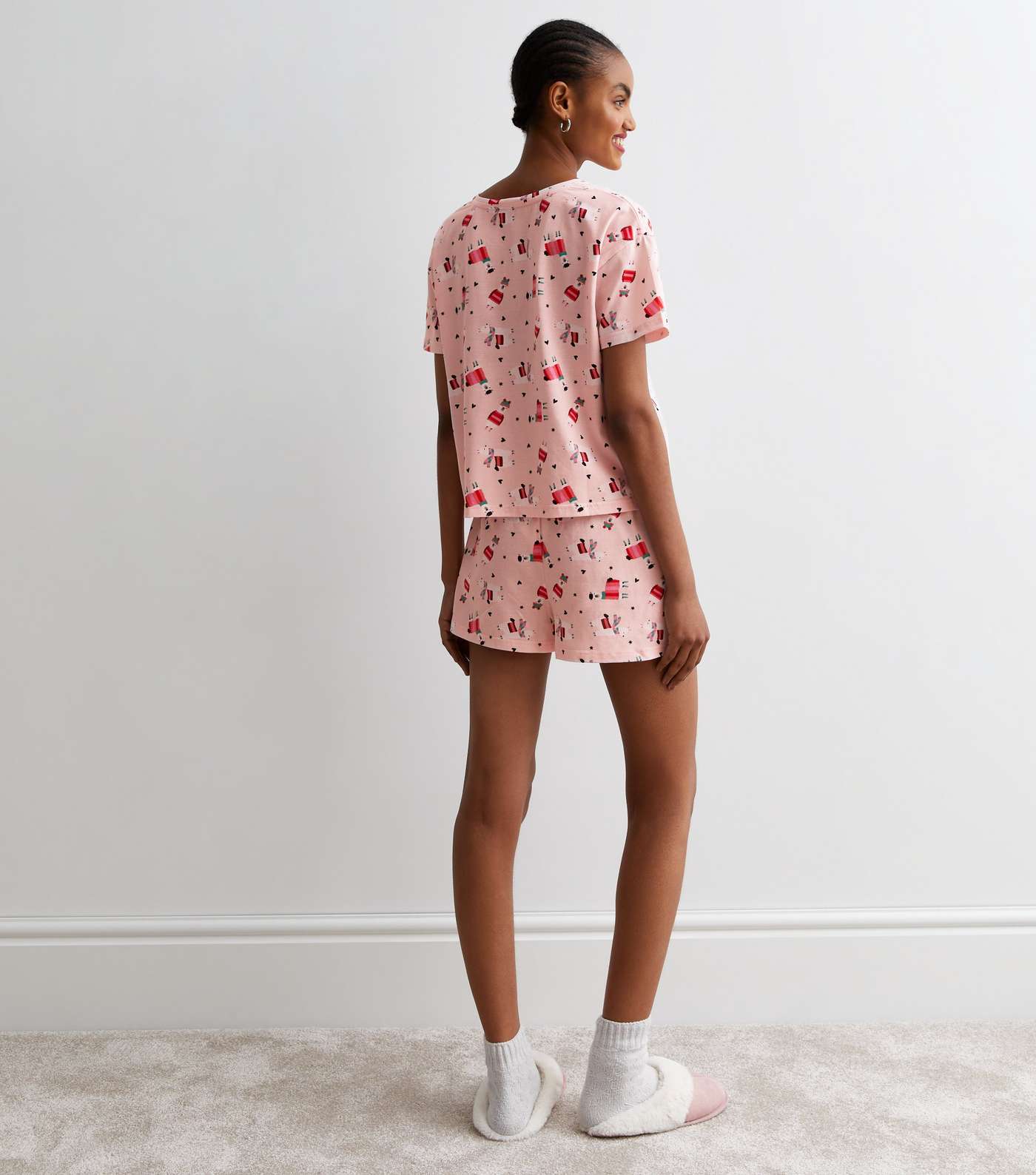 Pink Cotton Short Pyjama Set with Festive Llama Print Image 5