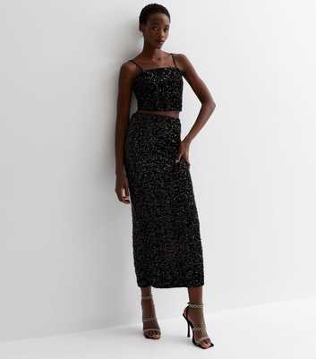 Tall Black Velvet Sequin Midaxi Skirt