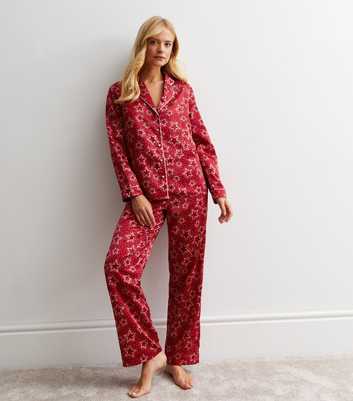 Red Satin Revere Pyjama Set with Star Print