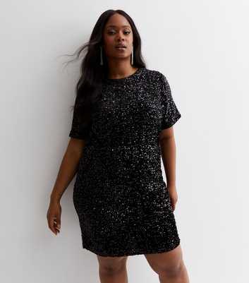 Curves Black Velvet Sequin Short Sleeve Mini Dress