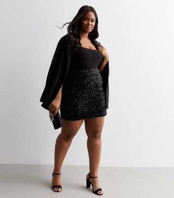 Curves Black Sequin Embellished Mini Skirt