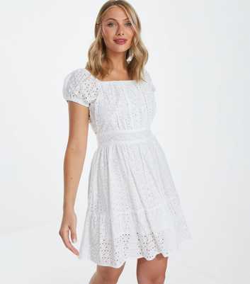 QUIZ White Broderie Square Neck Mini Dress