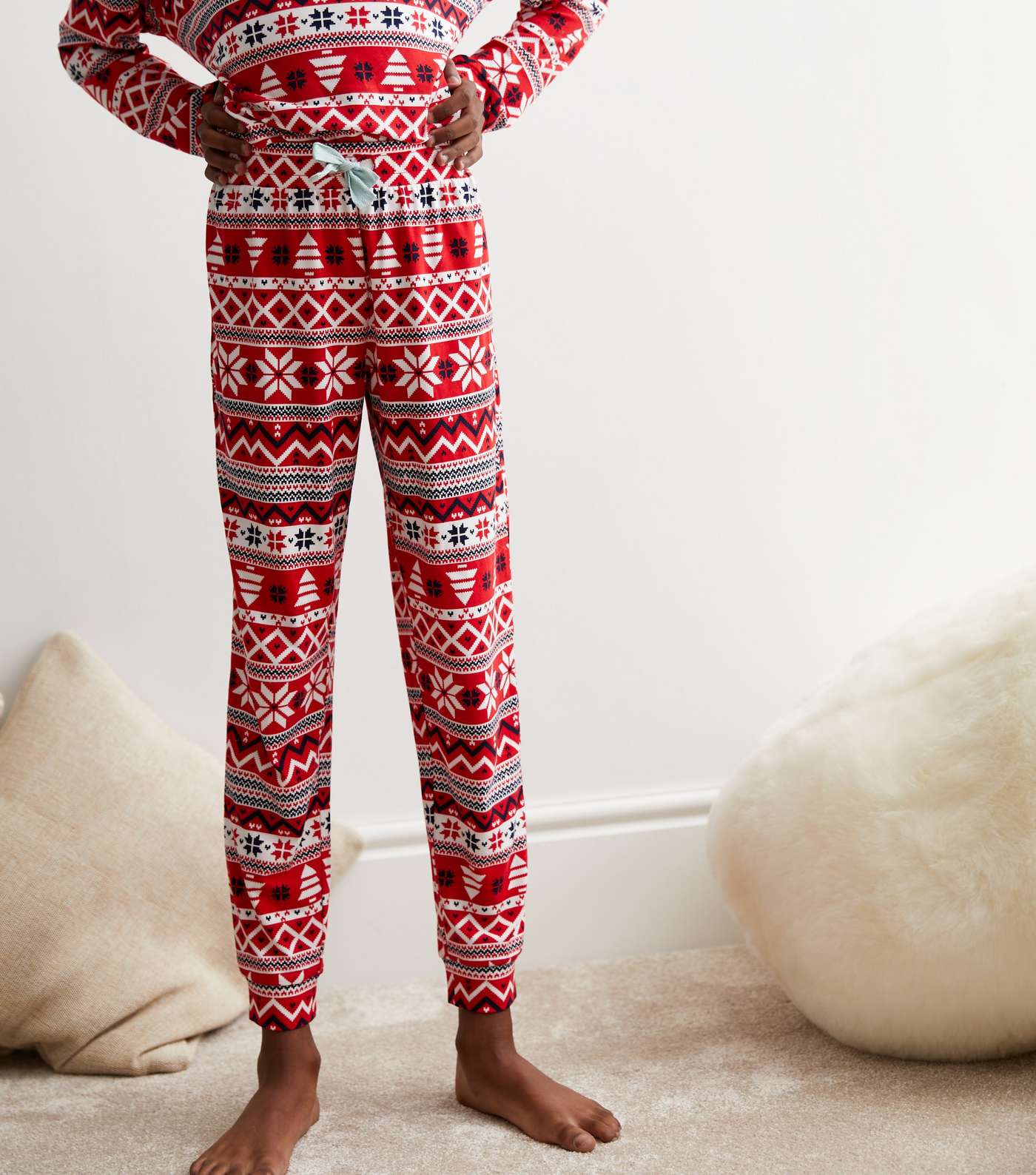 Boys Red Jogger Christmas Family Pyjama Set with Fairisle Print Image 4