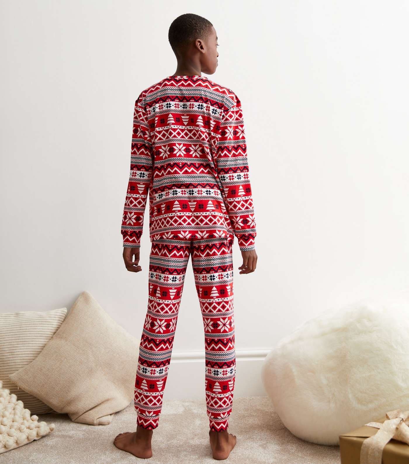 Boys Red Jogger Christmas Family Pyjama Set with Fairisle Print Image 6