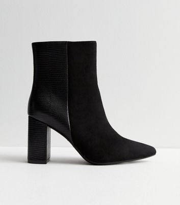 Black Suedette Faux Croc Block Heel Ankle Boots New Look
