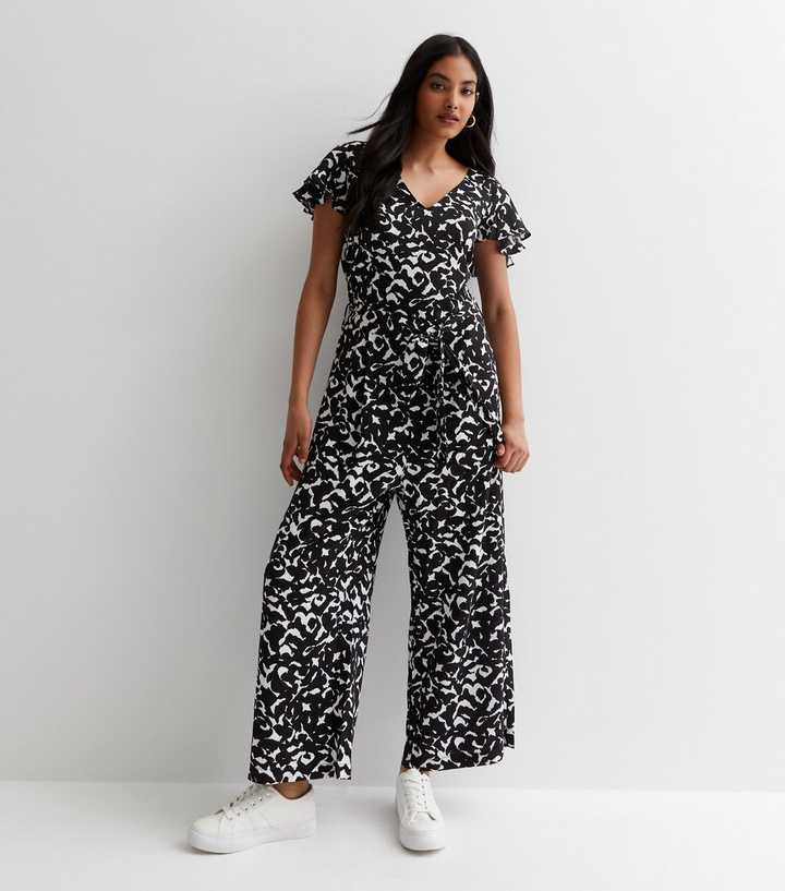 Gini London Black Abstract Print Flutter Sleeve Jumpsuit