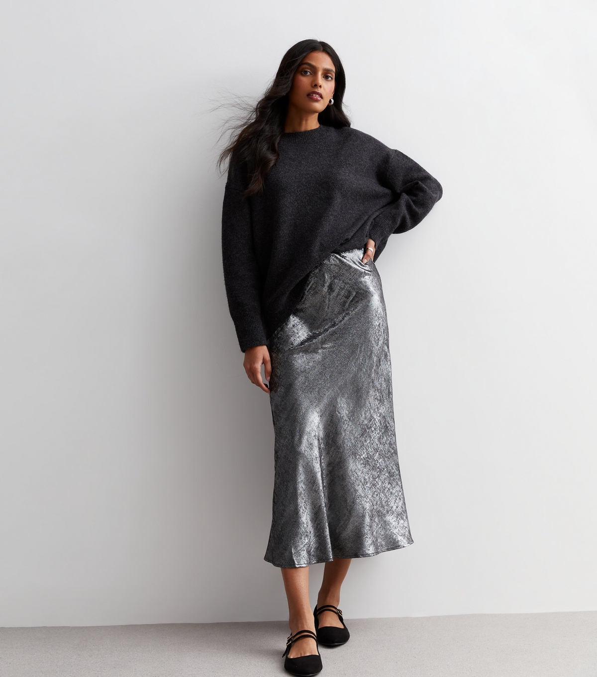 Women's Silver Metallic Flared Midi Skirt Gini London New Look