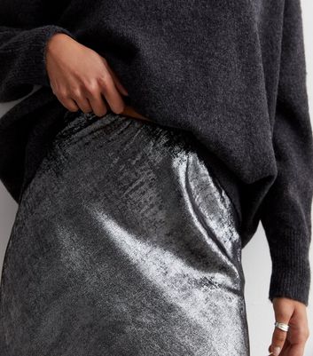 Gini London Silver Metallic Flared Midi Skirt New Look
