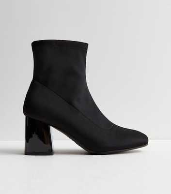 Wide Fit Black Stretch Block Heeled Sock Boots