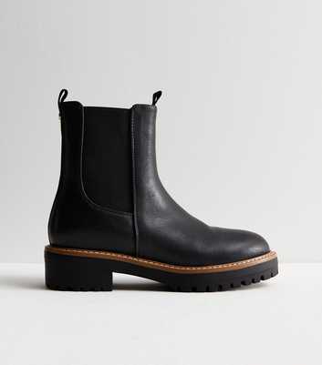 Black Leather-Look Contrast Trim Chunky Boots