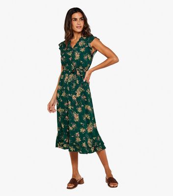 Apricot Green Floral Frill Midi Dress