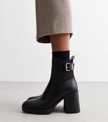 Black Leather Look Buckle Block Heel Ankle Boots New Look