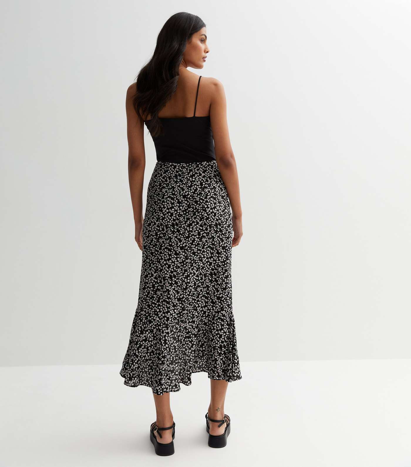 Black Ditsy Floral Ruffle Midaxi Skirt Image 4