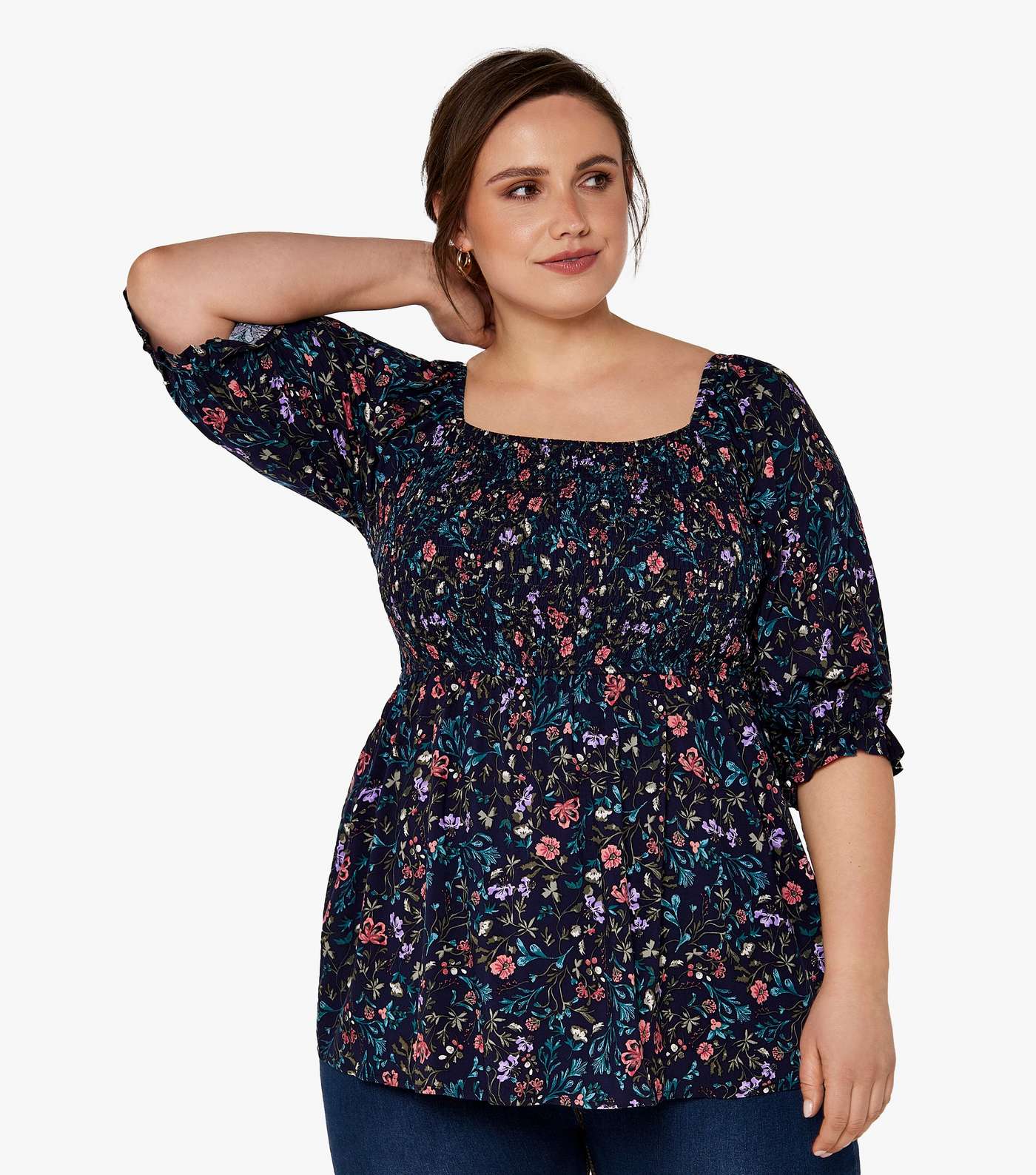 Apricot Curves Navy Floral Peplum Top Image 5