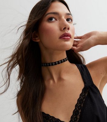 Black Cross Studded Choker Necklace