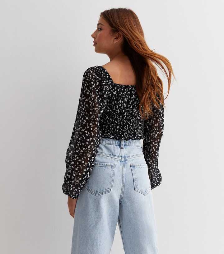 Women Square Neck Floral Printed Crop Top (Small, Black) 