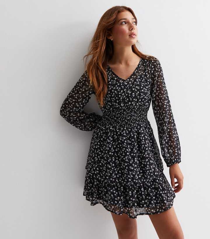 Girls Black Ditsy Floral Print Long Sleeve Tiered Mini Dress