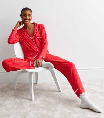 Red Trouser Pyjama Set with Christmas Tree Print