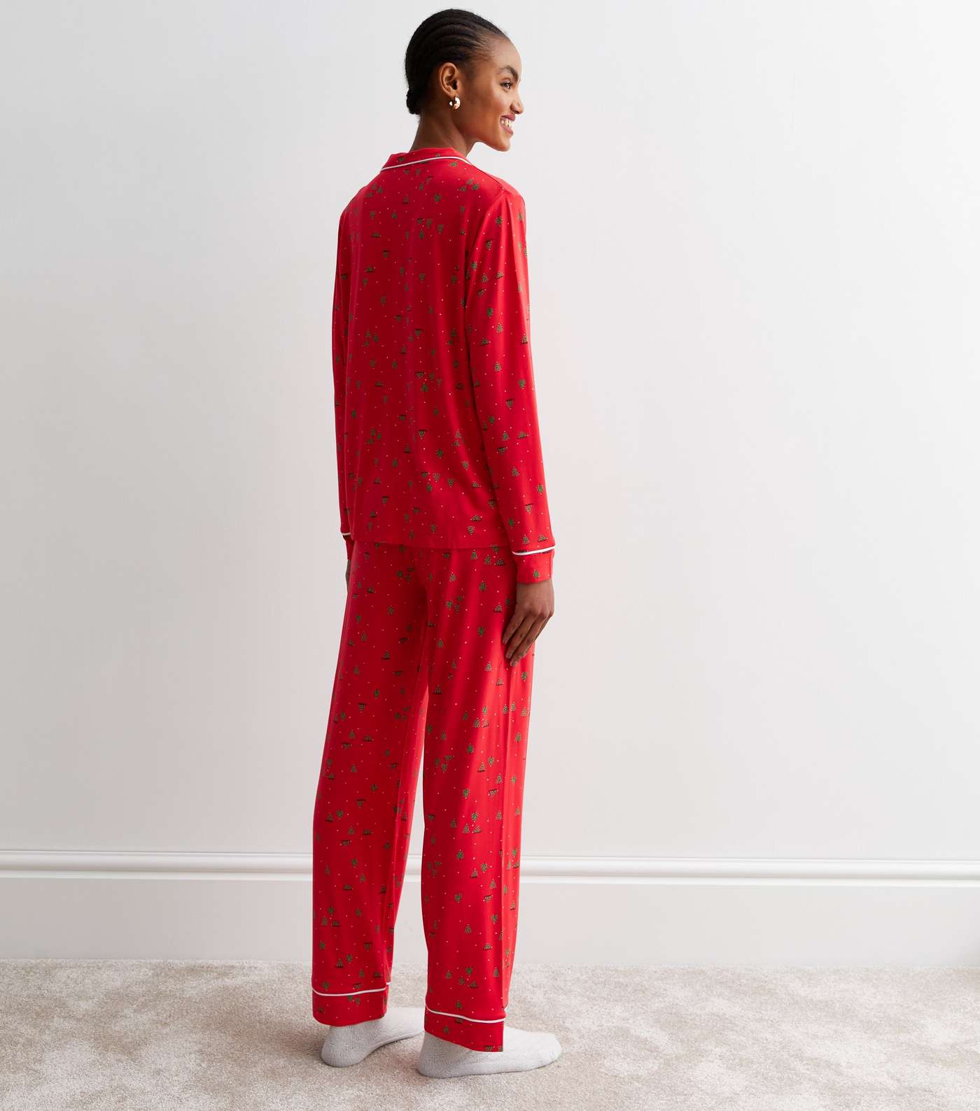 Red Trouser Pyjama Set with Christmas Tree Print Image 4