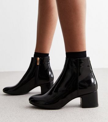 Black Patent Leather-Look Block Heel Ankle Boots | New Look