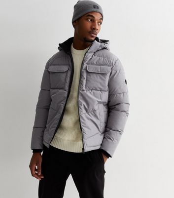 Jack Jones Pale Grey Hooded Puffer Jacket New Look