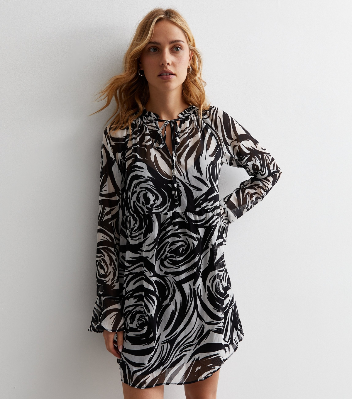 Women's Black Floral Chiffon High Neck Mini Dress New Look