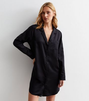 Black Satin Revere Collar Nightshirt New Look