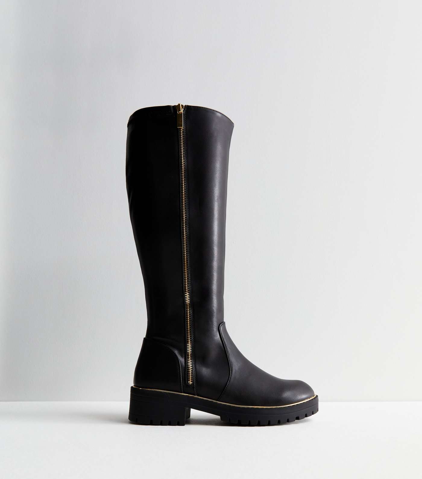 Wide Fit Black Leather-Look Chunky Knee High Boots